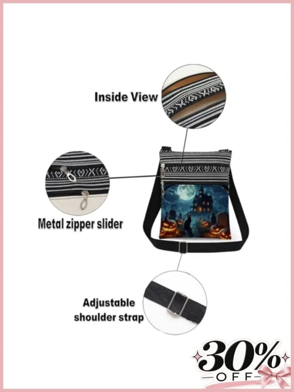 Halloween Crossbody Bag Black Cat Haunted Mansion Graveyard Full Moon Bats